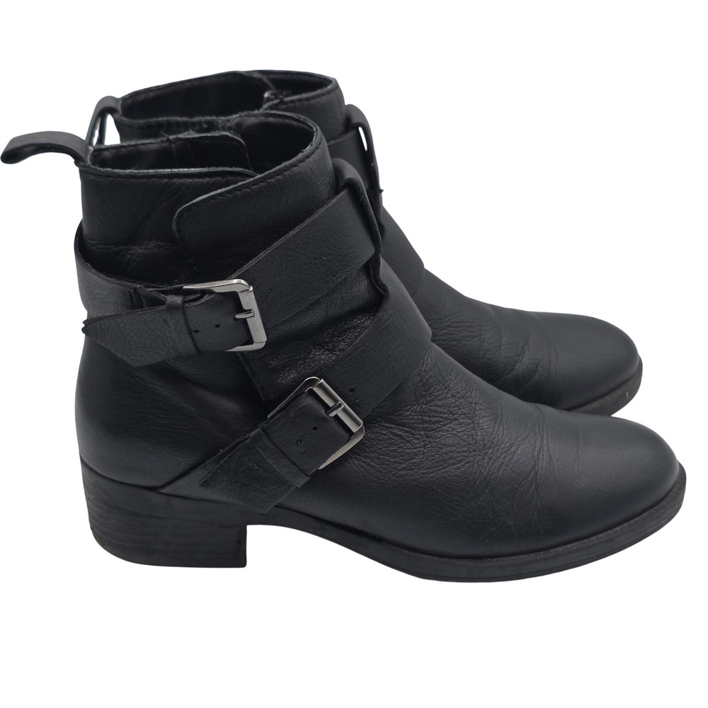 Kenneth Cole Reaction Pod Place Boot Womens 8.5 Black Leather Moto Buckle Ankle